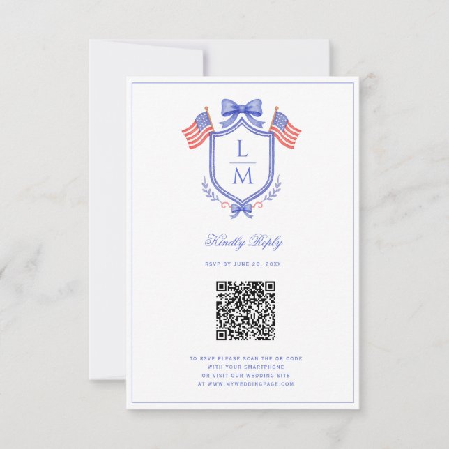 Patriotic Flag Crest | Monogram Wedding | QR RSVP Card (Front)