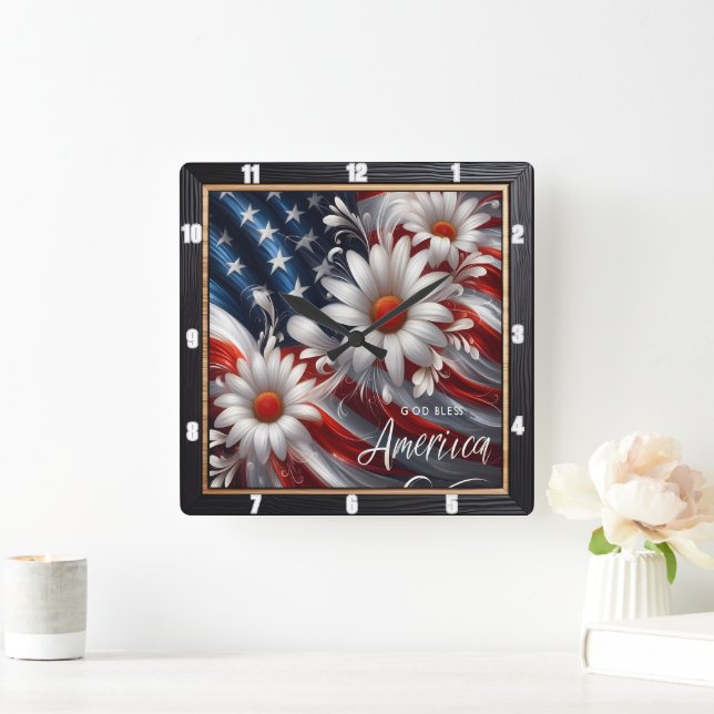 Patriotic Flag Daisies Decorative Square Wall Clock (Home)