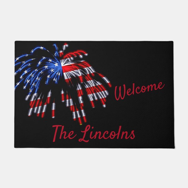 Patriotic Flag Fireworks Red Name Welcome Door Mat (Front)