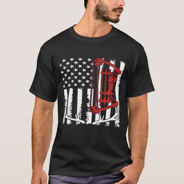 Patriotic Flag Hunting Crossbow Archery Antler T-Shirt (Front)