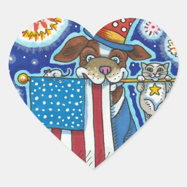 PATRIOTIC FLAG PET DOG CAT MOUSE, CUTE FUNNY HEART STICKER (Front)