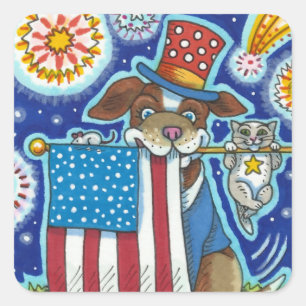 PATRIOTIC FLAG PET DOG CAT MOUSE, CUTE FUNNY SQUARE STICKER
