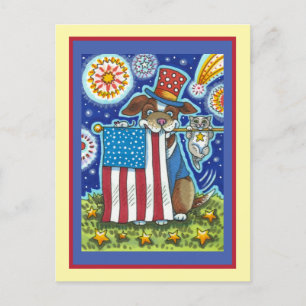 PATRIOTIC FLAG PET DOG CAT MOUSE, FUNNY CUTE HOLIDAY POSTCARD