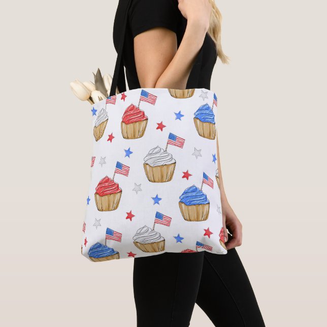 Patriotic Flag Star Cupcakes Red White Blue Tote Bag (Close Up)
