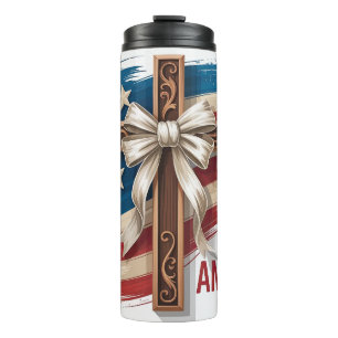Patriotic Flag With Cross Thermal Tumbler