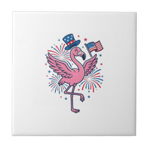 Patriotic Flamingo Fireworks Vector Design_1 Ceramic Tile