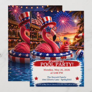Patriotic Flamingo Pool Party - 4th of July Invitation