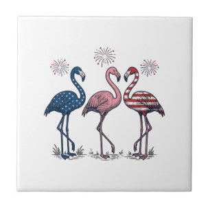 Patriotic Flamingo Trio Vintage Engraving Design_1 Ceramic Tile