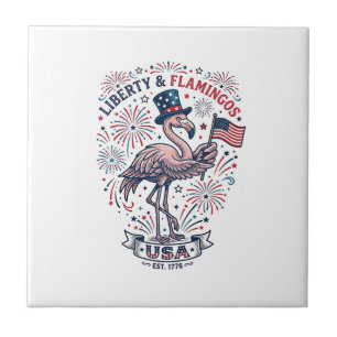 Patriotic Flamingo Vintage Engraving Shirt Design_ Ceramic Tile