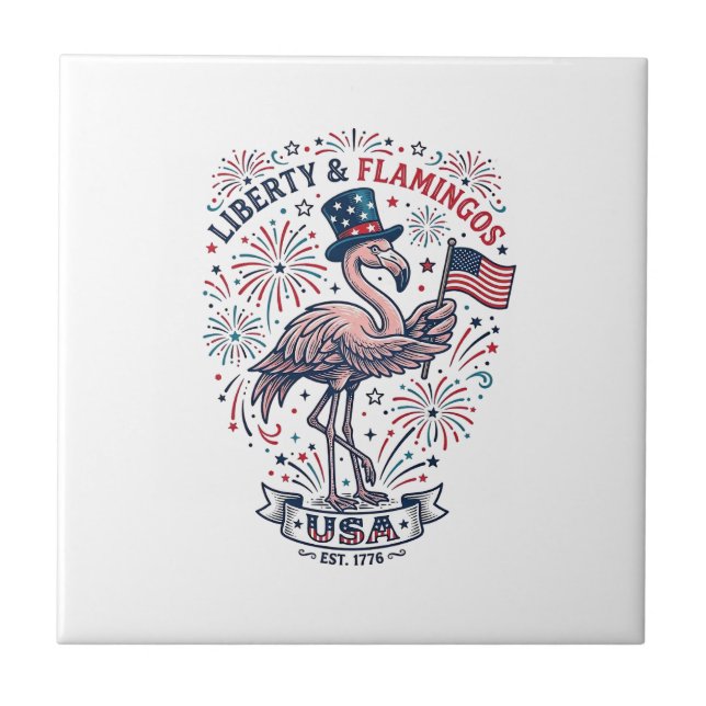 Patriotic Flamingo Vintage Engraving Shirt Design_ Ceramic Tile (Front)