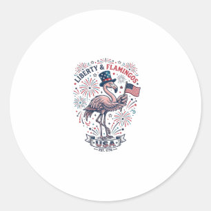 Patriotic Flamingo Vintage Engraving Shirt Design_ Classic Round Sticker