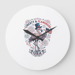 Patriotic Flamingo Vintage Engraving Shirt Design_ Large Clock