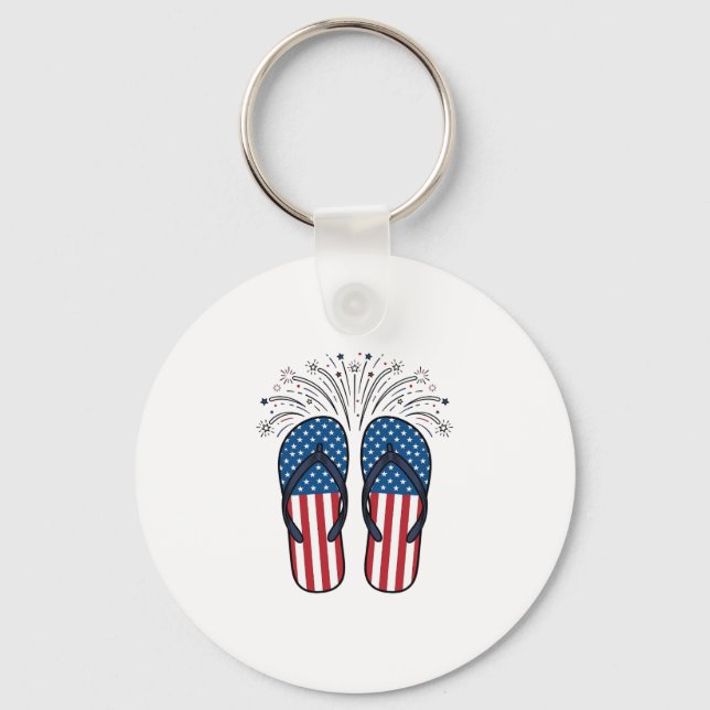 Patriotic Flip Flops Fireworks Summer Shirt Design Key Ring (Front)
