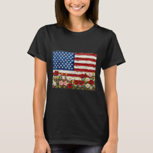 Patriotic Floral Aamerican Flag Vintage Usa Art T-Shirt