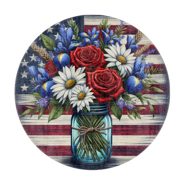 Patriotic, floral distressed American Cutting Board (Front)