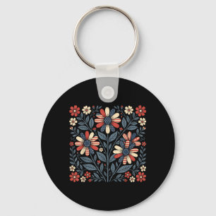 Patriotic Floral Folk Art Aamerican Flag Flowers Key Ring