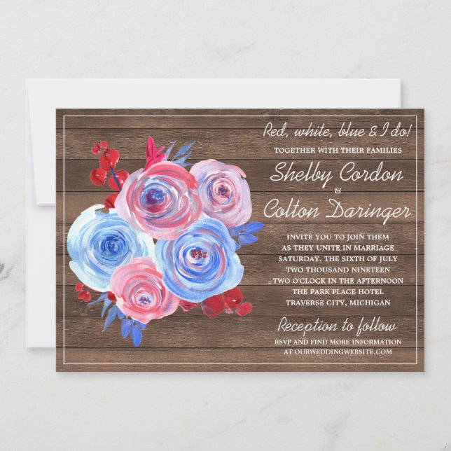 Patriotic Floral Fourth of July Rustic Wedding Invitation (Front)