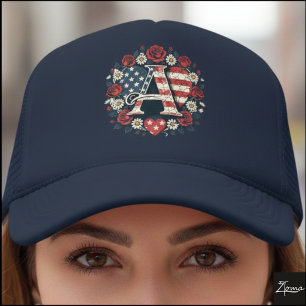 Patriotic Floral Letter A Wreath Design Trucker Hat