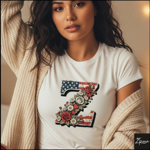 Patriotic Floral Letter Z Wreath Design T-Shirt