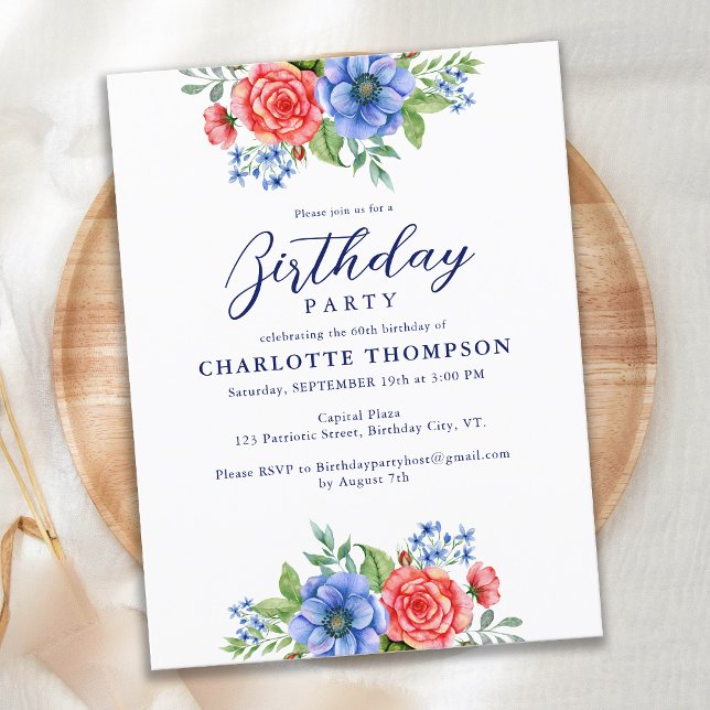 Patriotic Floral Red Blue Birthday Invitation Card (Creator Uploaded)