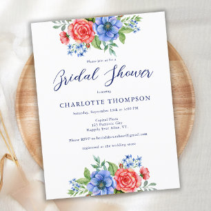 Patriotic Floral Red Blue Bridal Shower Invitation Postcard