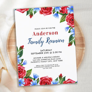 Patriotic Floral Red White Blue Family Reunion  Invitation Postcard