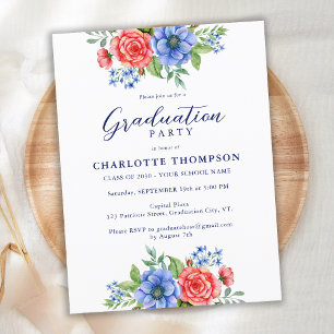 Patriotic Floral Red White Blue Graduation Invite Postcard