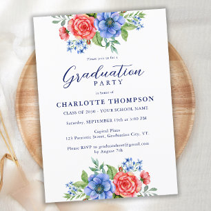 Patriotic Floral Red White Blue Graduation Party Invitation