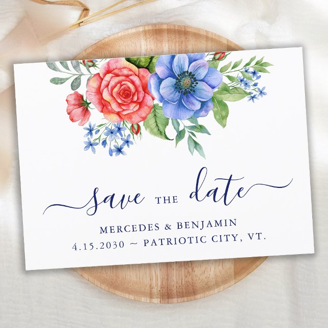 Patriotic Floral Red White Blue July 4th Wedding Save The Date (Creator Uploaded)