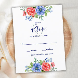 Patriotic Floral Red White Blue Wedding RSVP Invitation Postcard