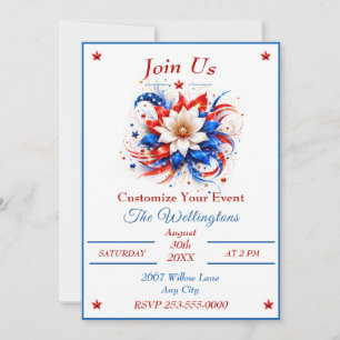 Patriotic Floral Starburst Red White Blue Design Invitation