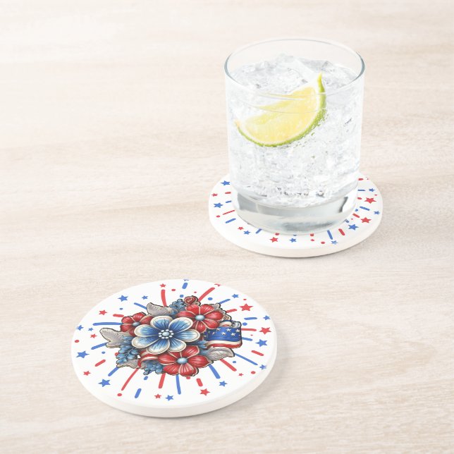 Patriotic Flowers in Red White & Blue 4th of July Coaster (Side)