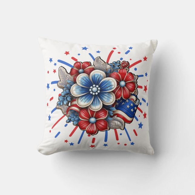 Patriotic Flowers in Red White & Blue 4th of July Cushion (Front)