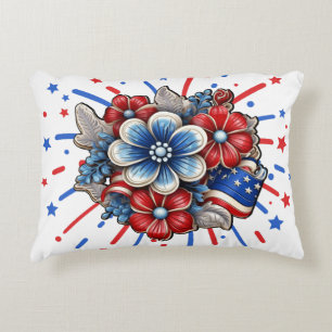 Patriotic Flowers in Red White & Blue 4th of July Decorative Cushion