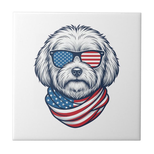 Patriotic Fluffy Dog Vector Illustration_1 Ceramic Tile (Front)