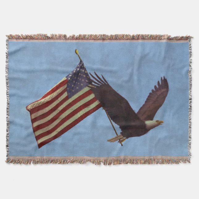Patriotic Flying Bald Eagle & US Flag Throw Blanket (Front)