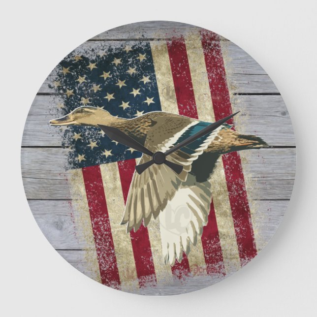 Patriotic Flying Mallard Duck Hunting Décor Large Clock (Front)