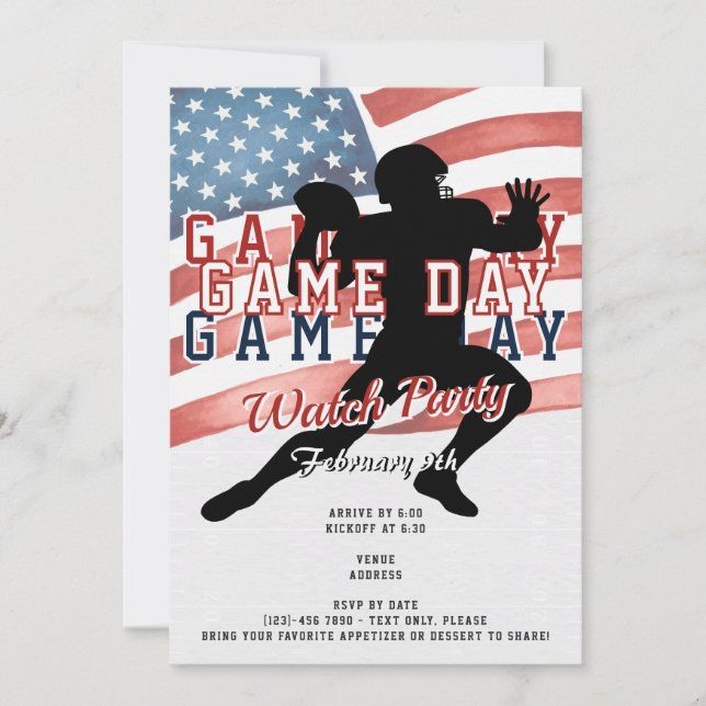 Patriotic Football W Game Day Watch Party Invitation (Front)