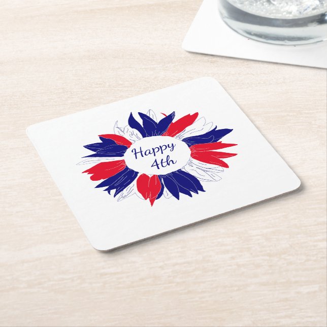 Patriotic Fourth of July Bbq Floral Red White Blue Square Paper Coaster (Angled)