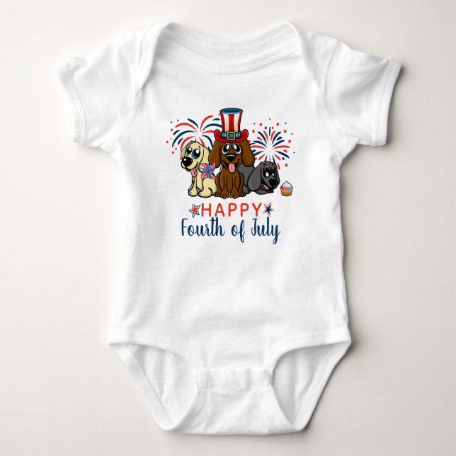 Patriotic Fourth of July Dogs Fireworks Baby Bodysuit (Front)
