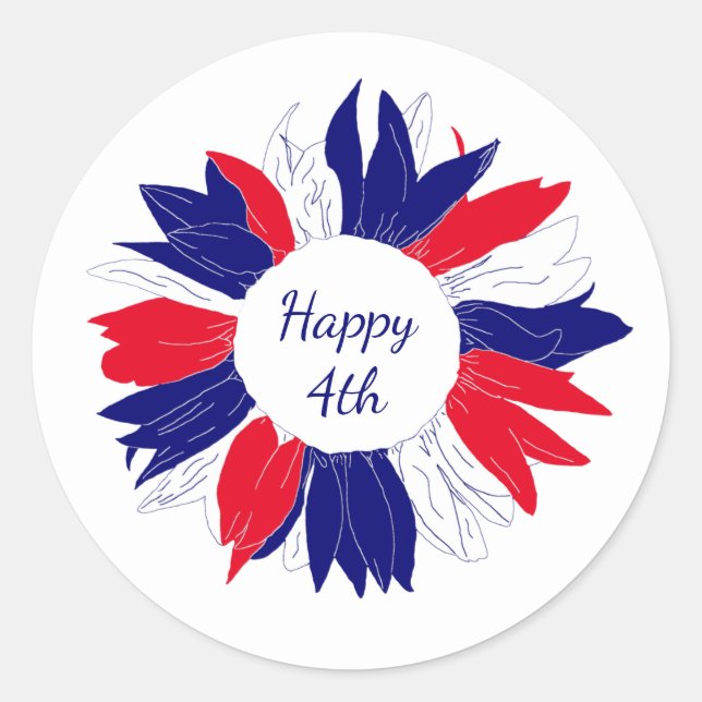 Patriotic Fourth of July Floral Red White Blue Classic Round Sticker (Front)