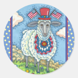 PATRIOTIC FOURTH OF JULY SHEEP, Funny Folk Art Classic Round Sticker
