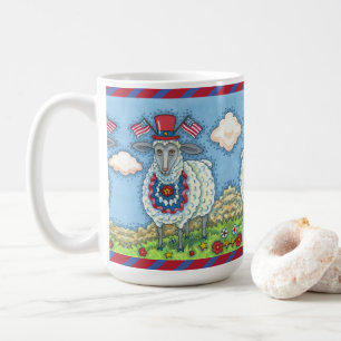 PATRIOTIC FOURTH OF JULY SHEEP, FUNNY FOLK ART COFFEE MUG