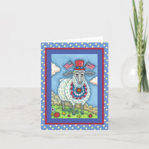 PATRIOTIC FOURTH OF JULY SHEEP, FUNNY FOLK ART HOLIDAY CARD