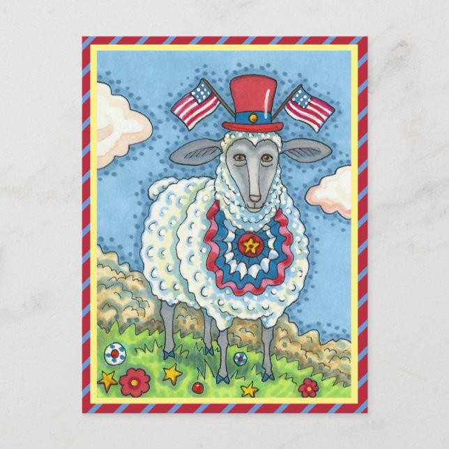 PATRIOTIC FOURTH OF JULY SHEEP, FUNNY FOLK ART HOLIDAY POSTCARD (Front)
