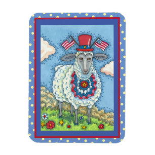 PATRIOTIC FOURTH OF JULY SHEEP, Funny Folk Art Magnet