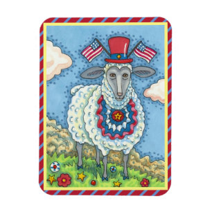 PATRIOTIC FOURTH OF JULY SHEEP, FUNNY FOLK ART MAGNET