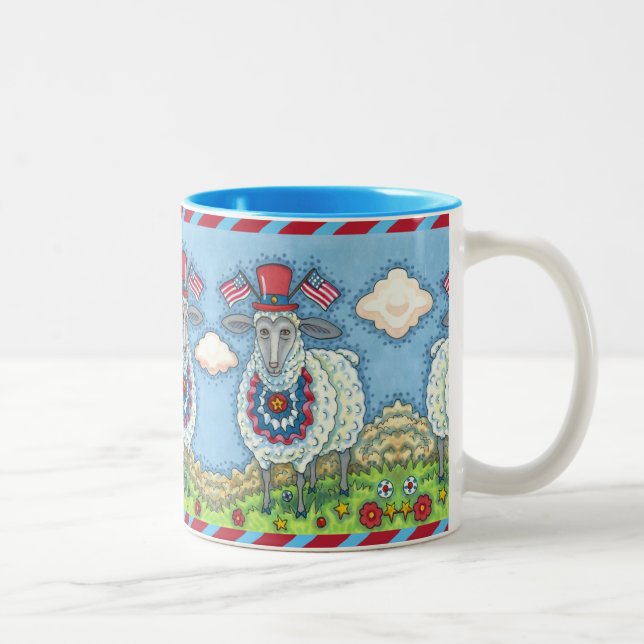 PATRIOTIC FOURTH OF JULY SHEEP, FUNNY FOLK ART Two-Tone COFFEE MUG (Right)