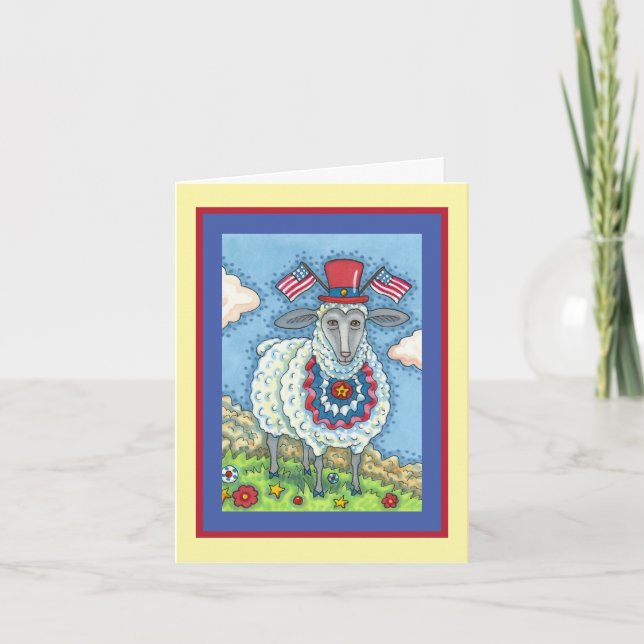 PATRIOTIC FOURTH OF JULY SHEEP, FUNNY FOLK Blank Holiday Card (Front)