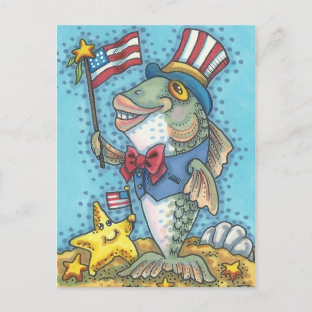 PATRIOTIC FOURTH OF JULY, UNCLE SAM FISH POSTCARD (Front)